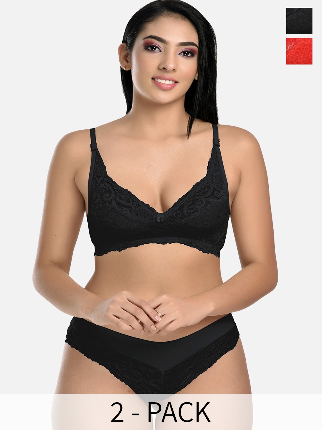 

StyFun Pack Of 2 Self Design Lingerie Set, Black