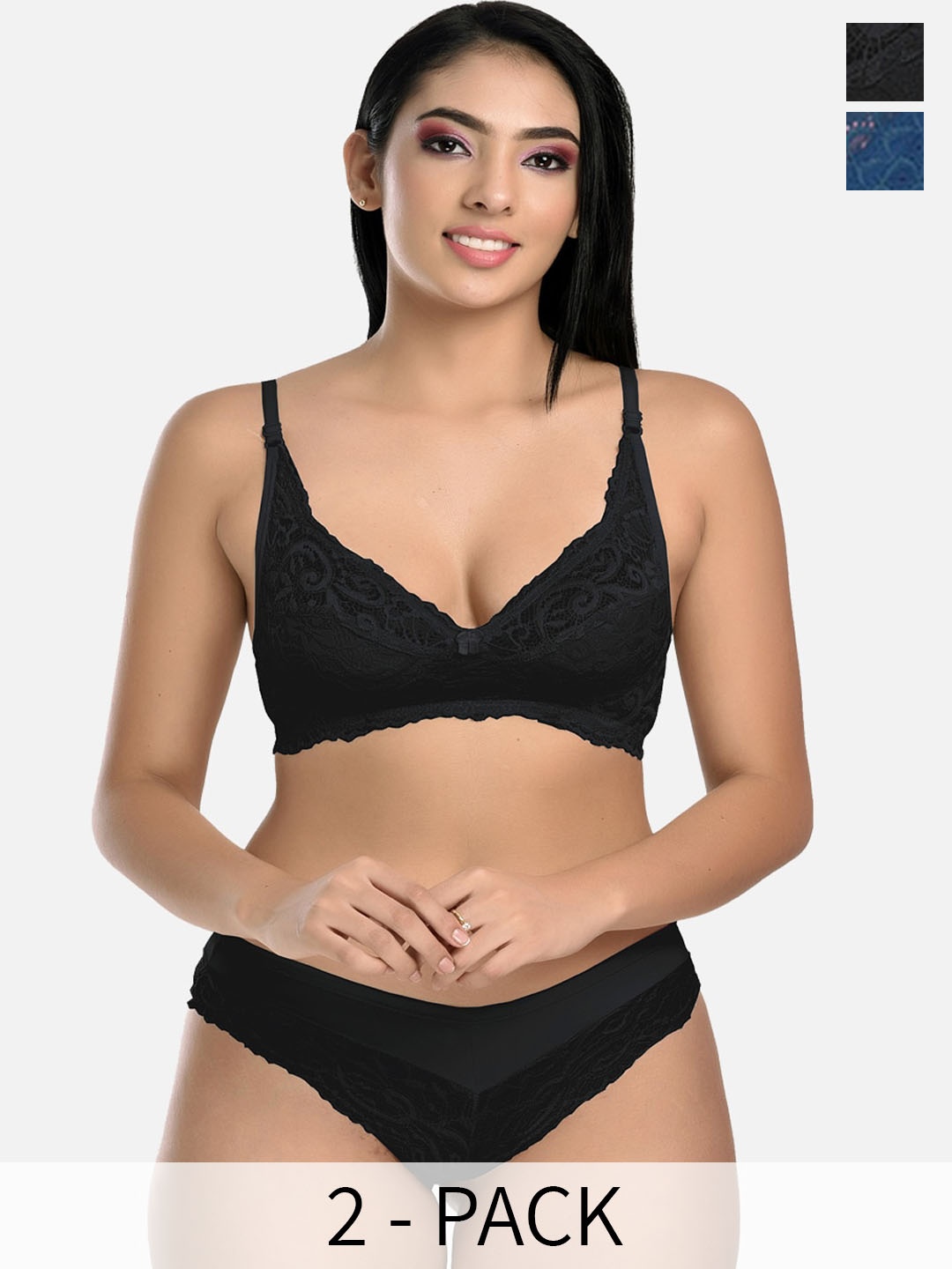 

StyFun Pack Of 2 Self Design Lingerie Set VM_Set_Blumer_Black_Stone_Blue_B