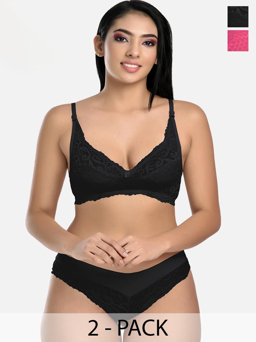 

StyFun Pack Of 2 Self Design Non Padded Lingerie Sets, Black