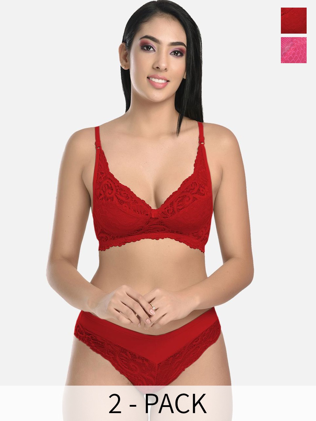 

StyFun Pack of 2 Floral Self-Design Lace Non Padded Lingerie Sets, Maroon