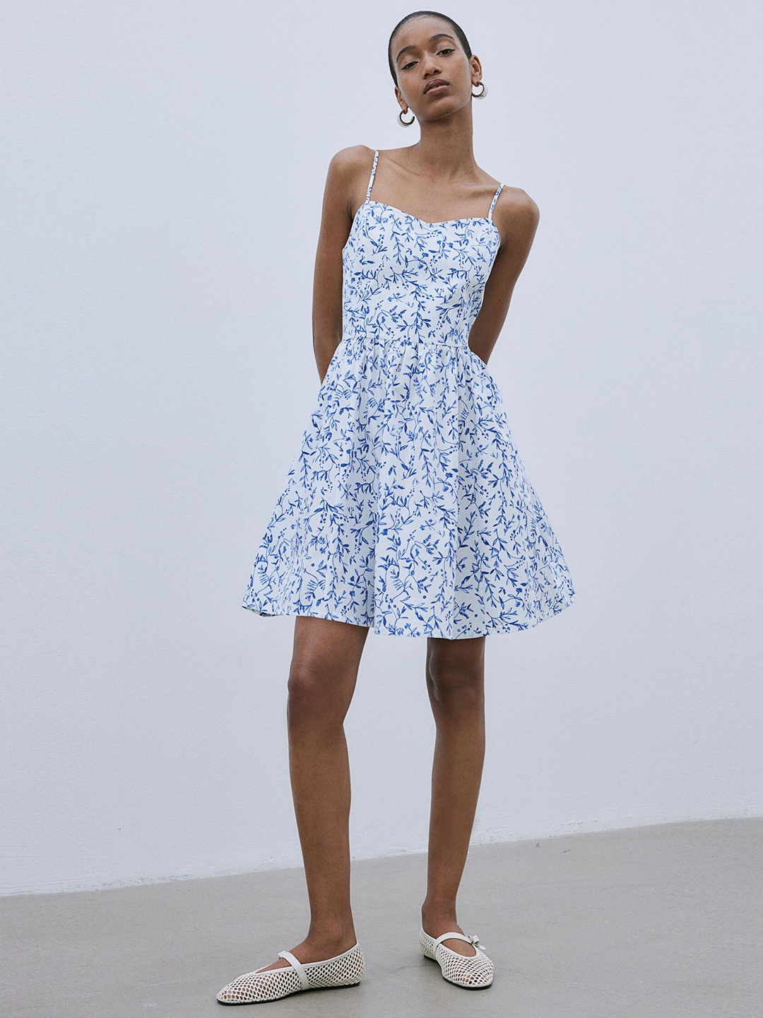 

H&M Flared-Skirt Cotton Dress, White