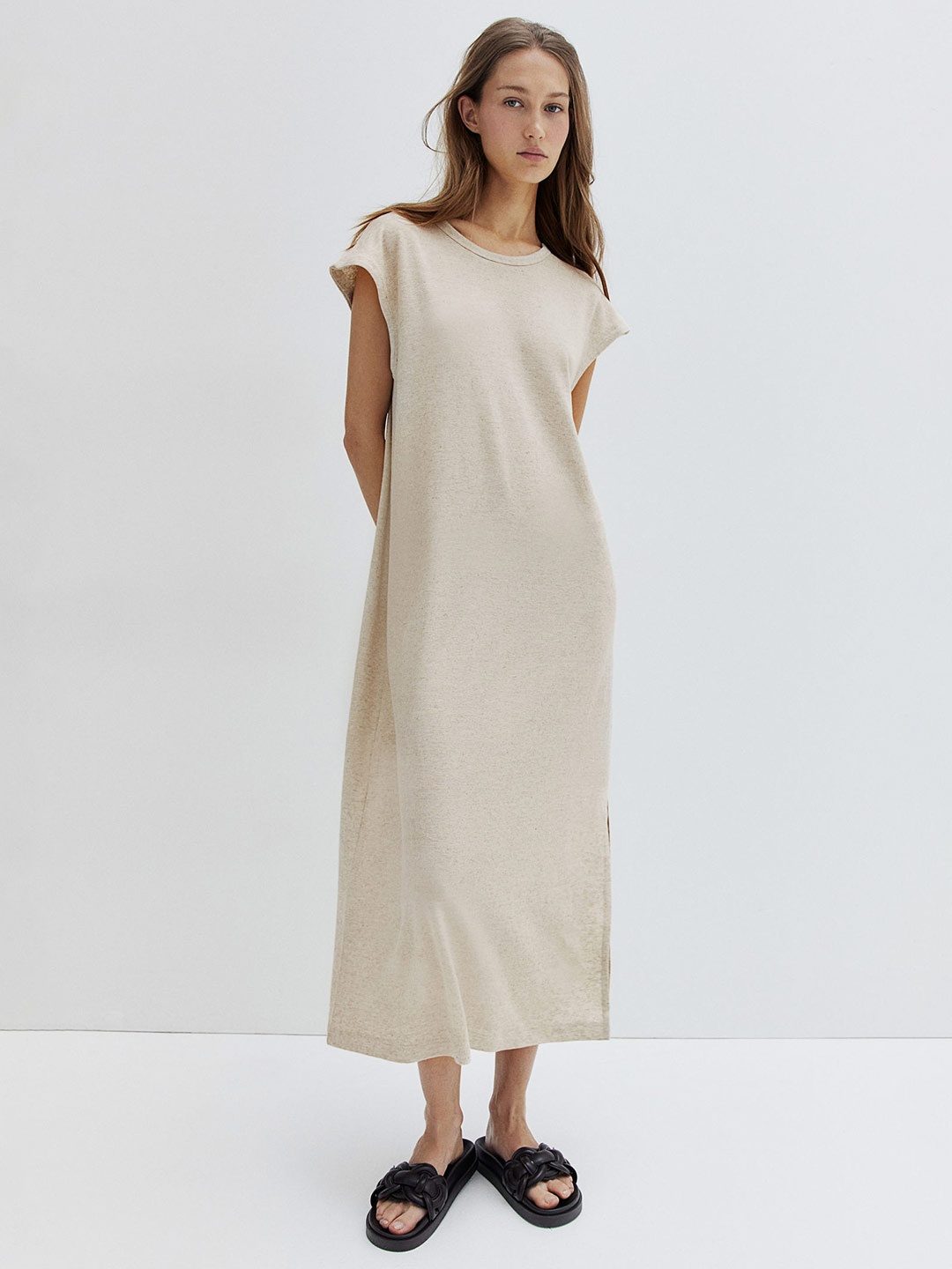 

H&M Linen-Blend Midi Dress, Beige