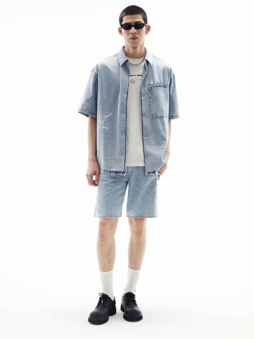 

H&M Cotton Loose Fit Short-Sleeved Denim Shirt, Blue