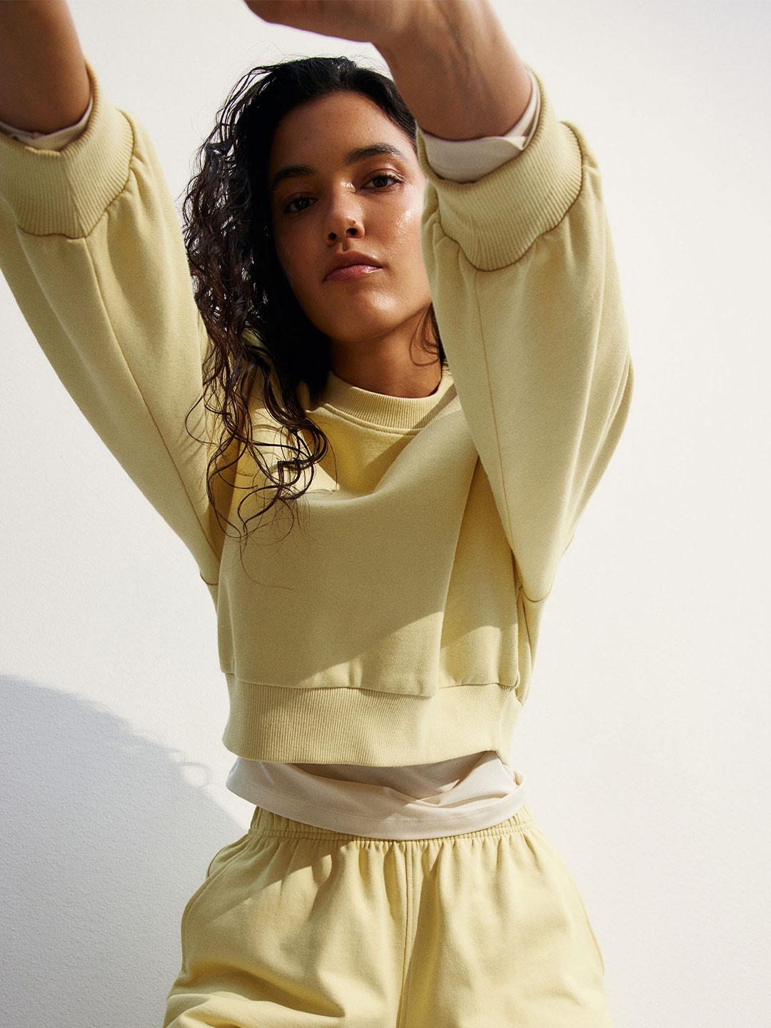 

H&M Pure Cotton Cropped Sweatshirt, Yellow