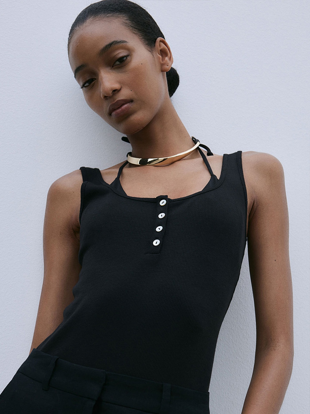 

H&M Ribbed Button-Top Vest Top, Black
