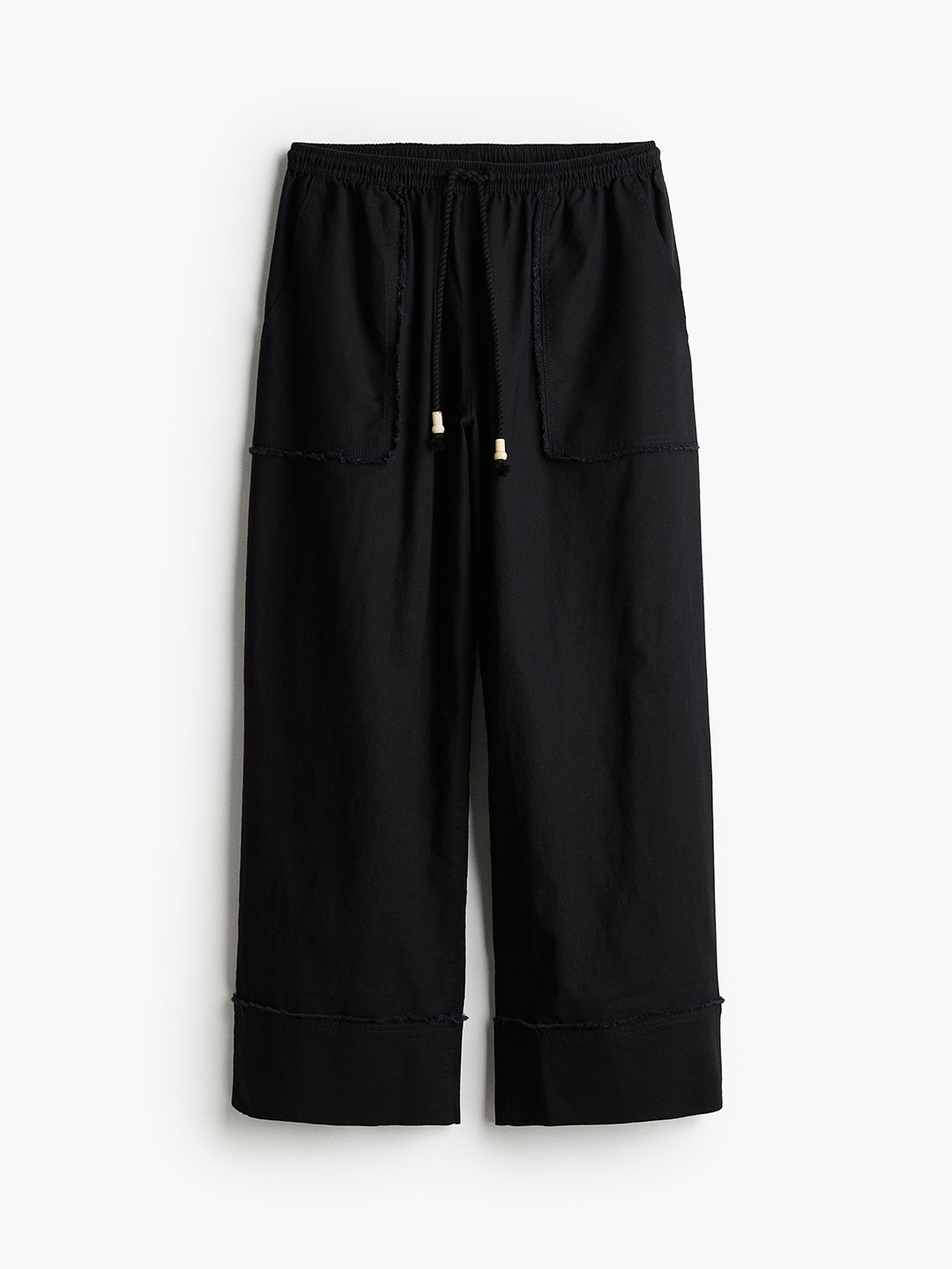 

H&M Women Wide Linen-Blend Trousers, Black