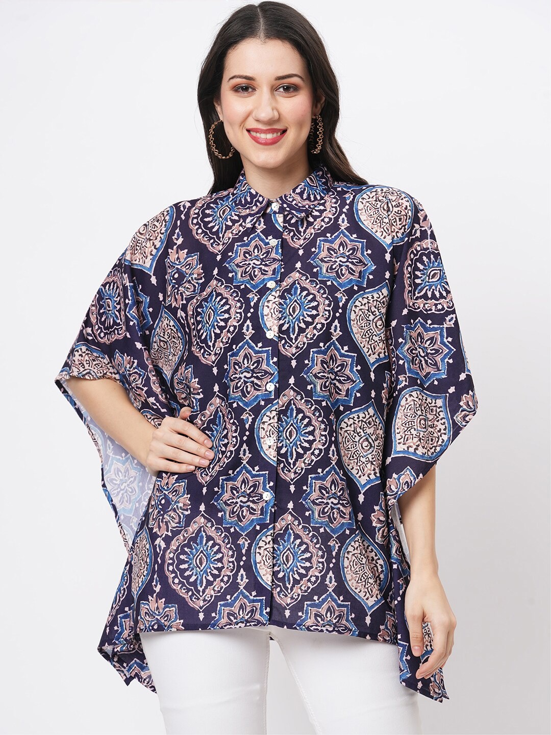

Hashtag Be Floral Printed Cotton Canvas Shirt Style Top, Blue