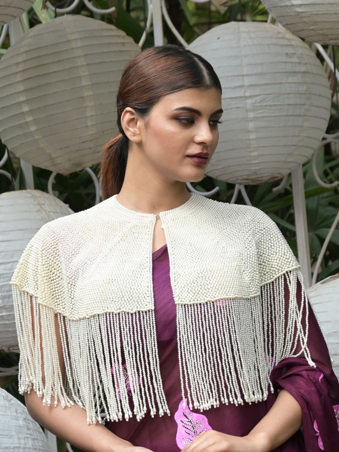 

ODETTE Embellished Beads Beaded Cape Shrug, White