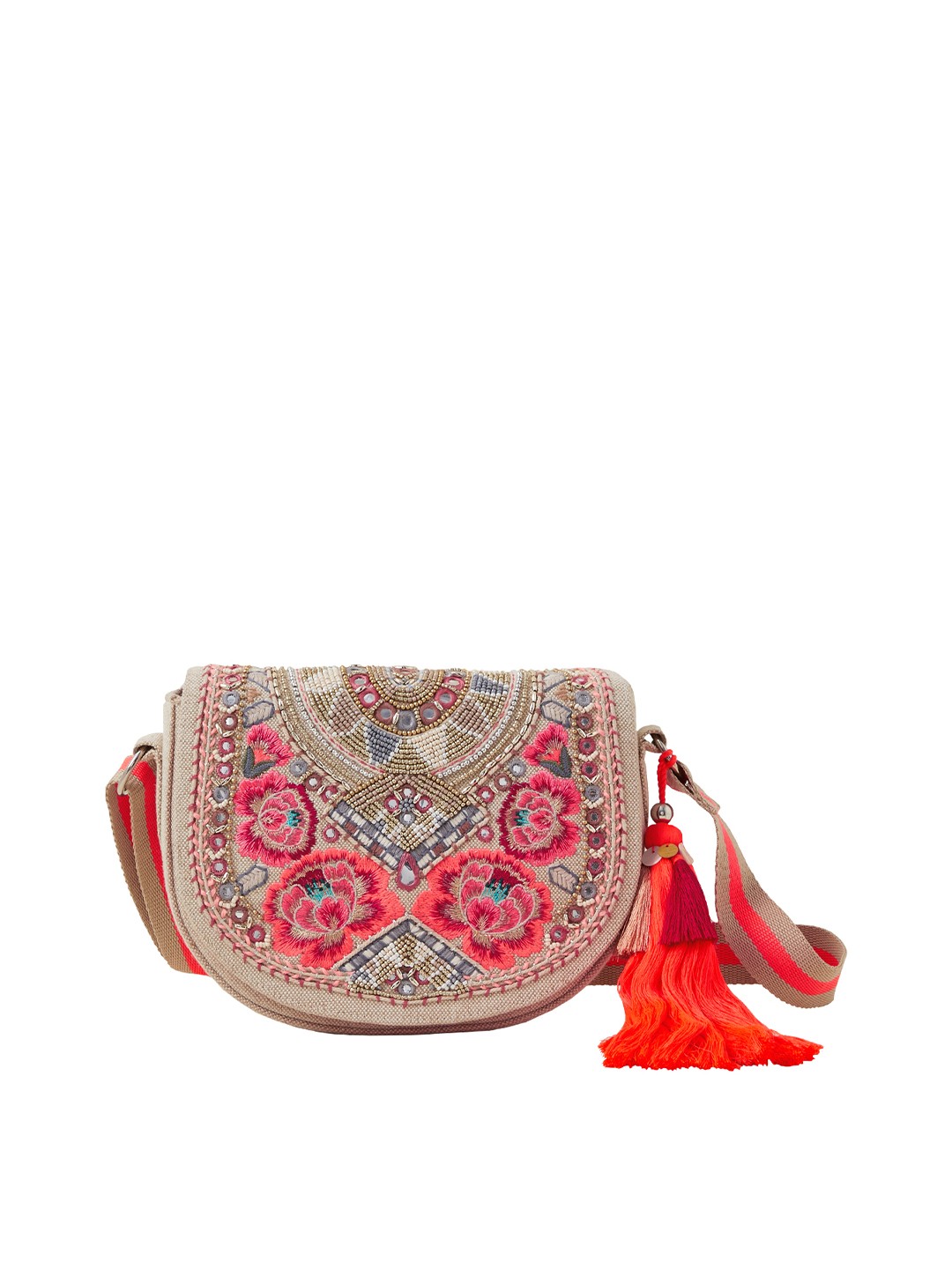

Accessorize Ethnic Motifs Embroidered Cotton Half Moon Sling Bag, Beige