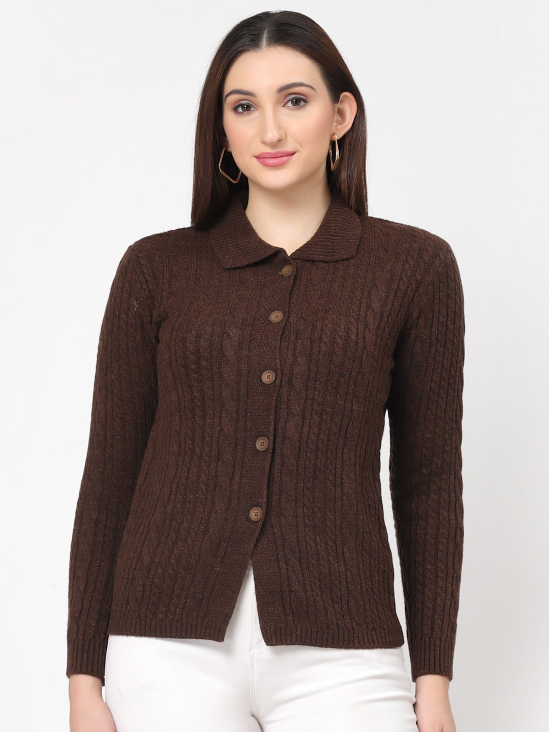 

Kalt Cable Knit Shirt Collar Long Sleeves Acrylic Cardigan Sweater, Brown