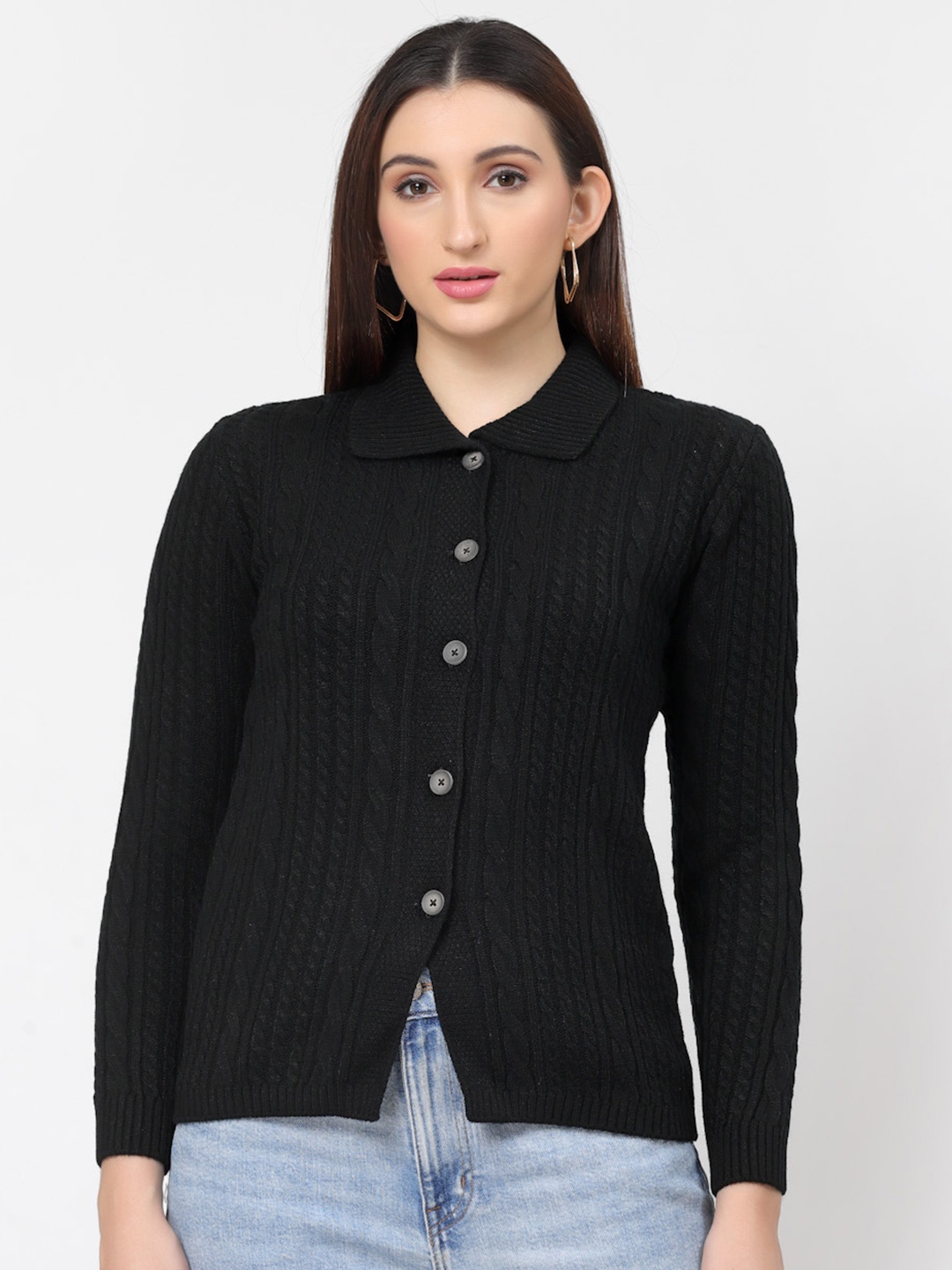 

Kalt Cable Knit Shirt Collar Long Sleeves Acrylic Cardigan Sweater, Black