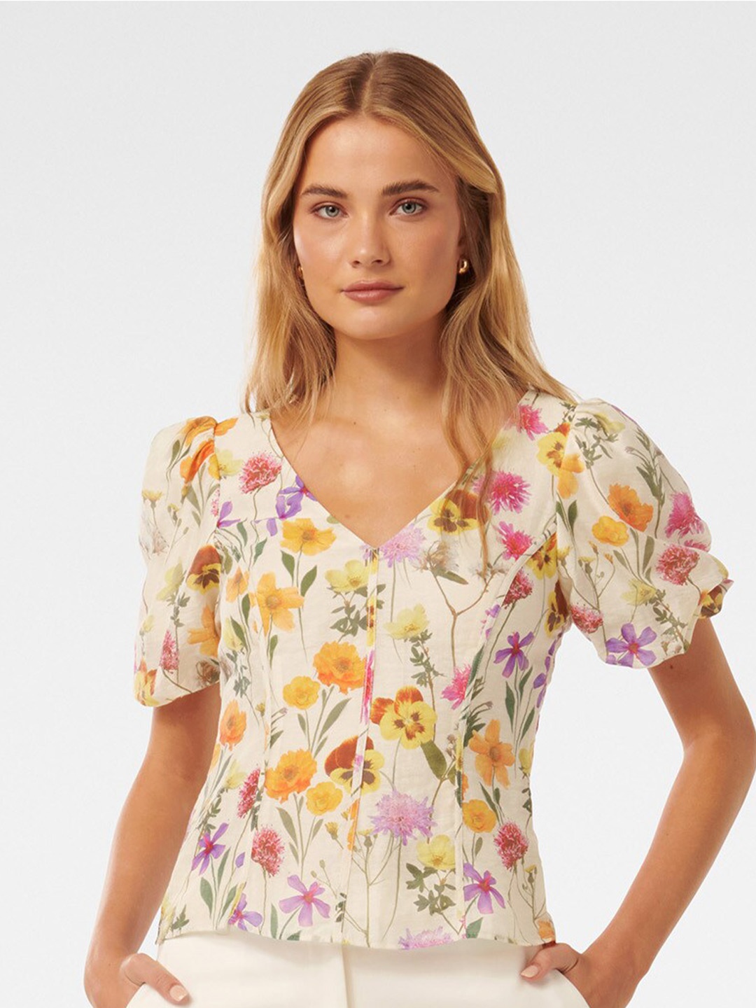 

Forever New Floral Print V-Neck Puff Sleeves Regular Top, Cream
