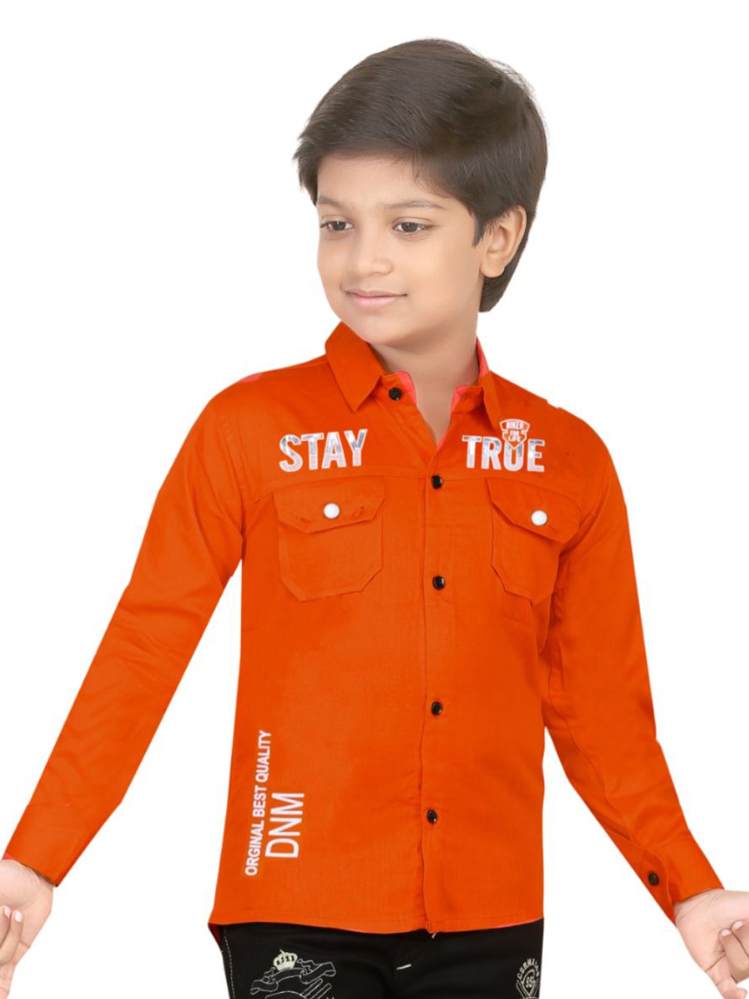 

BAESD Boys Comfort Typography Printed Spread Collar Chest Pocket Cotton Shirt, Orange