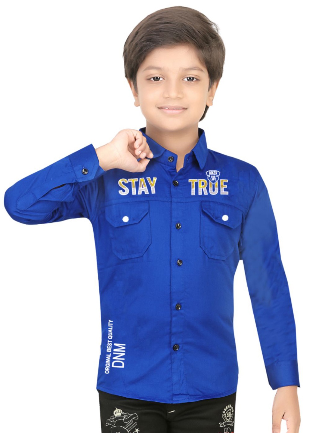 

BAESD Boys Comfort Typography Printed Spread Collar Chest Pocket Cotton Shirt, Blue