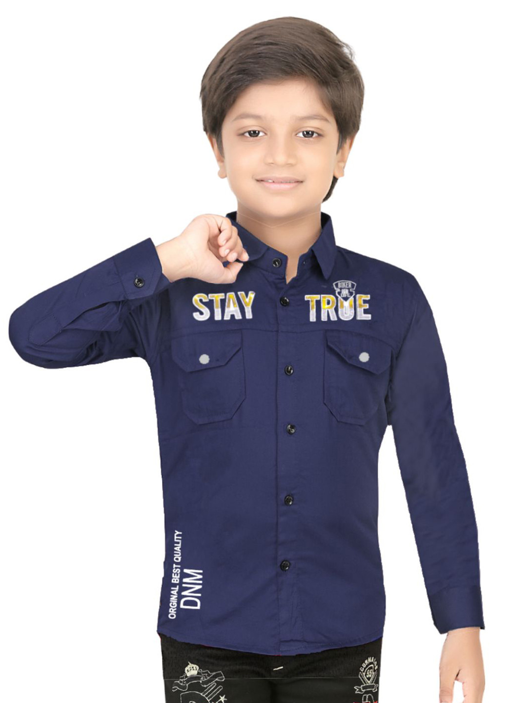 

BAESD Boys Comfort Typography Printed Spread Collar Chest Pocket Cotton Shirt, Navy blue