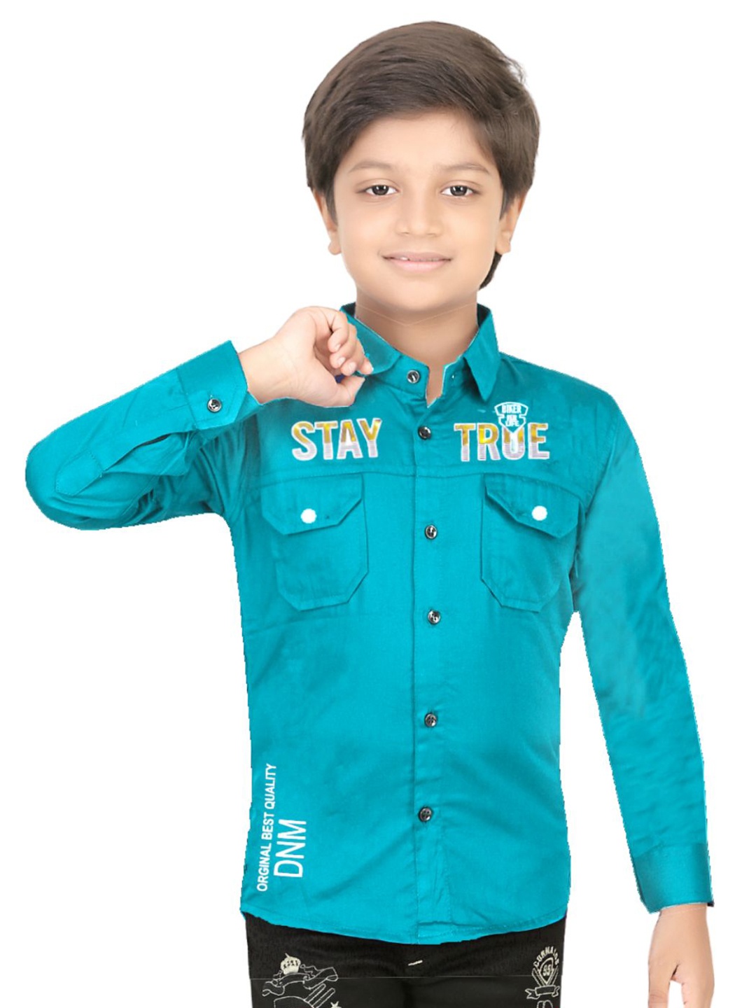 

BAESD Boys Comfort Typography Printed Spread Collar Chest Pocket Cotton Shirt, Green