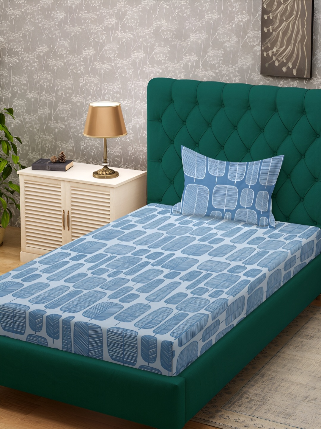 

KLOTTHE Blue & Grey Geometric Printed 300 TC Single Bedsheet With Pillow Cover, Turquoise blue