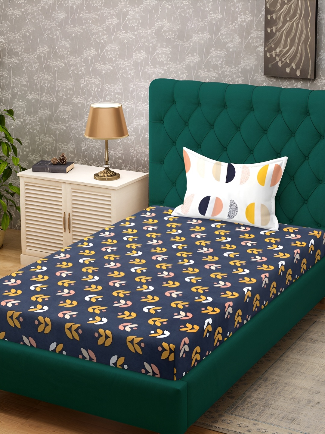 

KLOTTHE Blue & Yellow Floral Printed 300 TC Single Bedsheet With Pillow Cover
