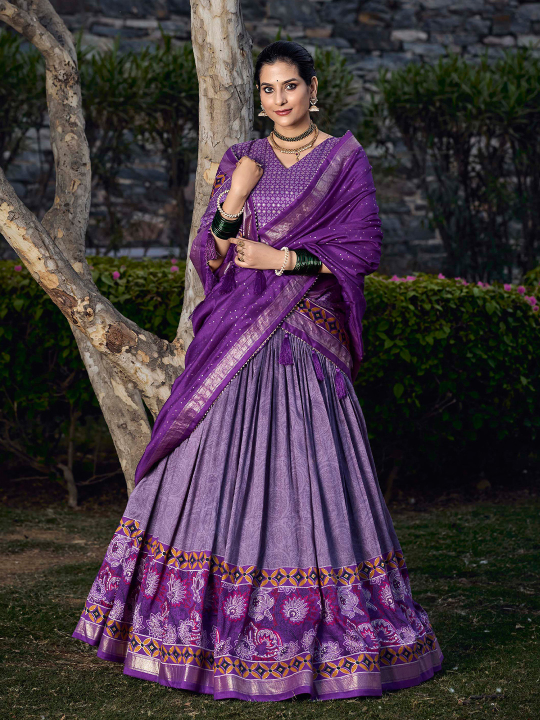 

LOOKNBOOK ART Printed Foil Print Semi-Stitched Lehenga & Unstitched Blouse With Dupatta, Purple