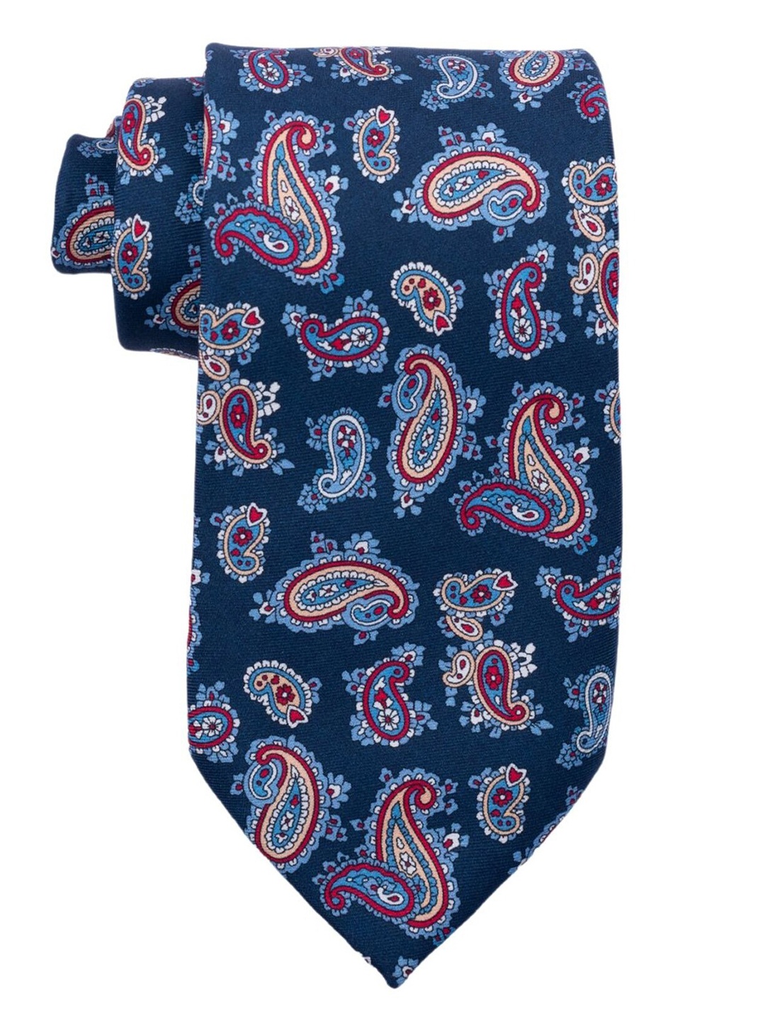 

The Tie Hub Men Paisley Printed Seven Fold Pure Silk Broad Tie, Navy blue