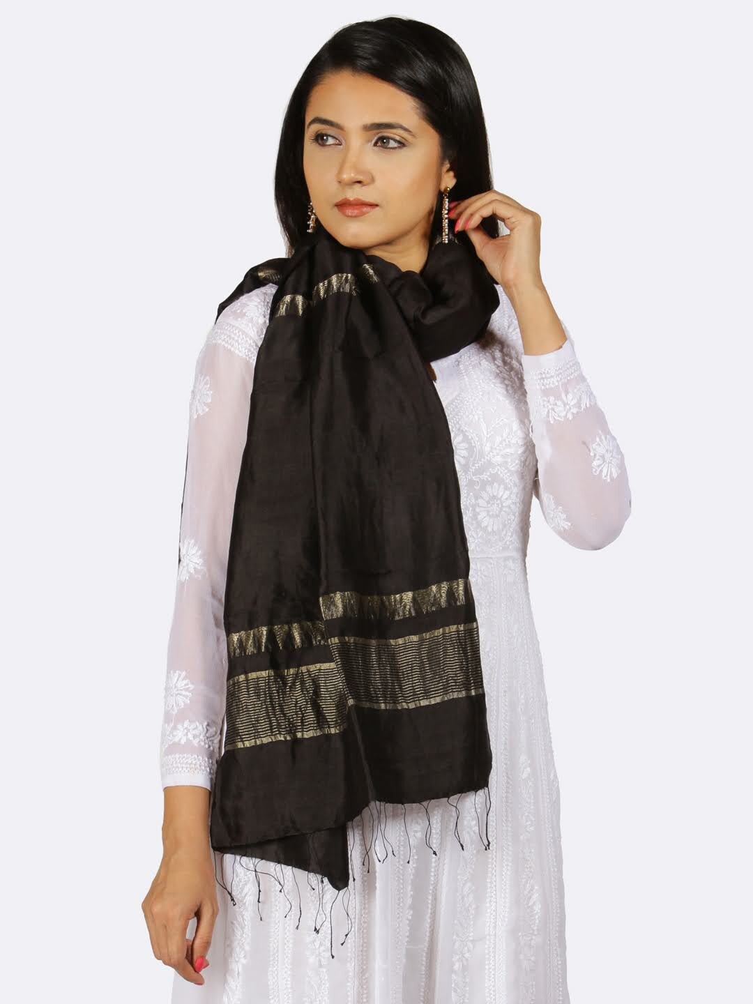 

ArtEastri Zari Pure Mysore Silk Stole, Black