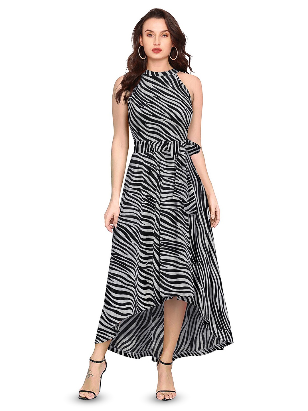 

ODETTE Animal Printed Round Neck Belted A-Line Midi Dress, Grey