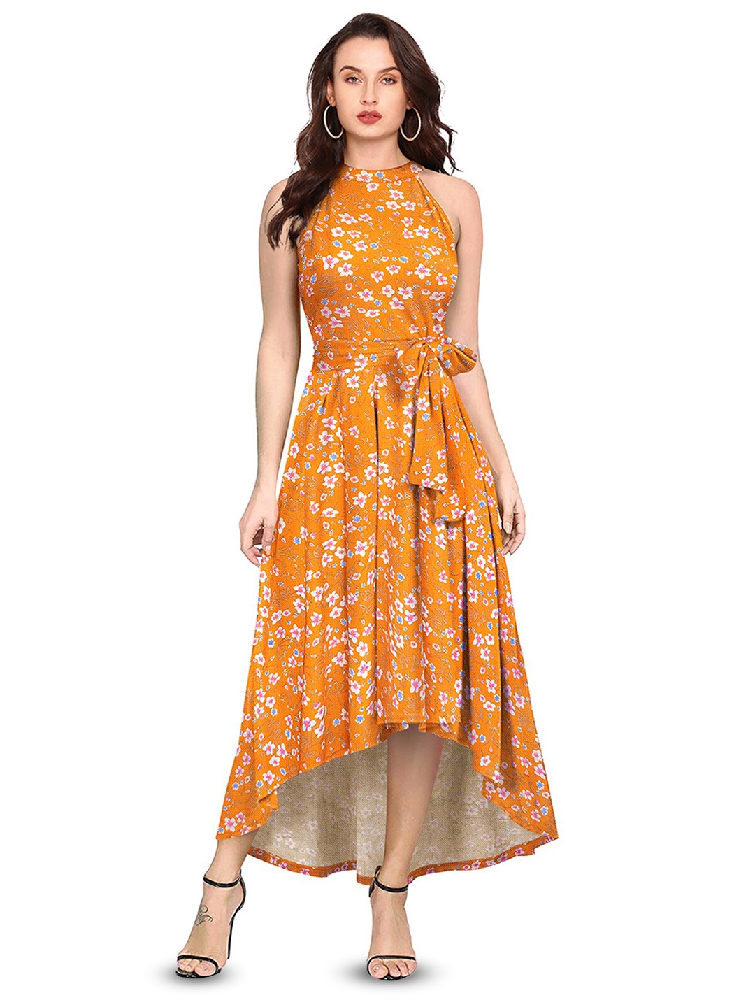 

ODETTE Floral Printed Round Neck Fit & Flare Maxi Dress, Yellow