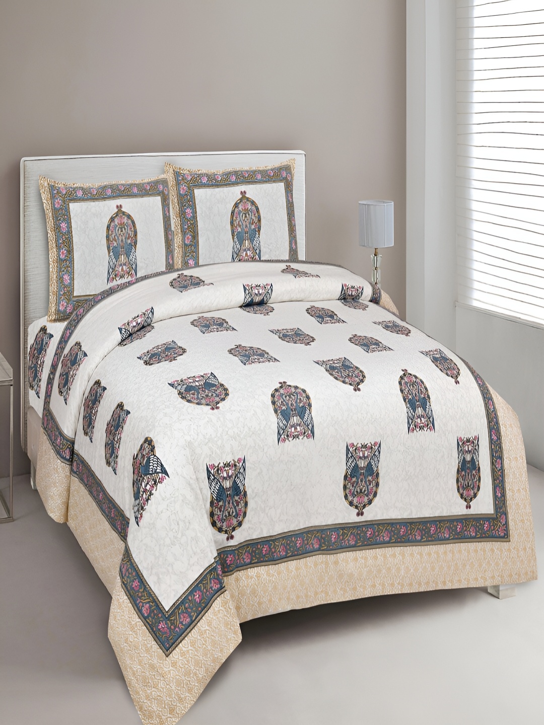 

Aura Mustard & White Ethnic Motifs 180 TC Cotton King Bedsheet With 2 Pillow Covers