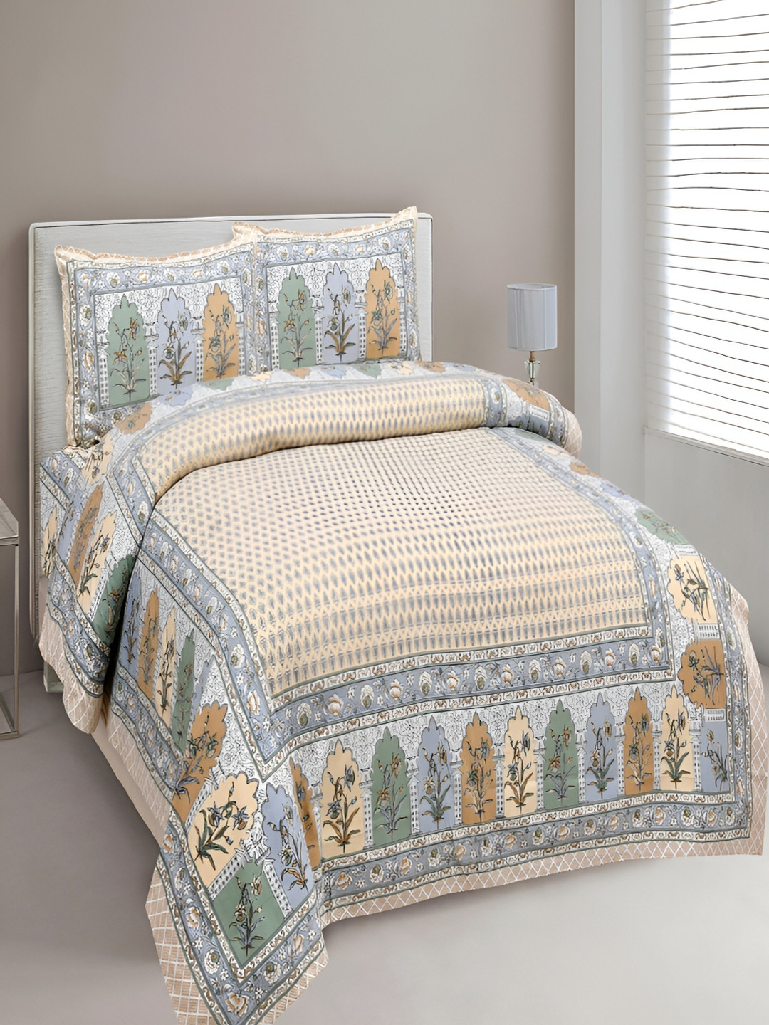 

Aura Yellow & Grey Ethnic Motifs Cotton 180 TC King Bedsheet with 2 Pillow Covers