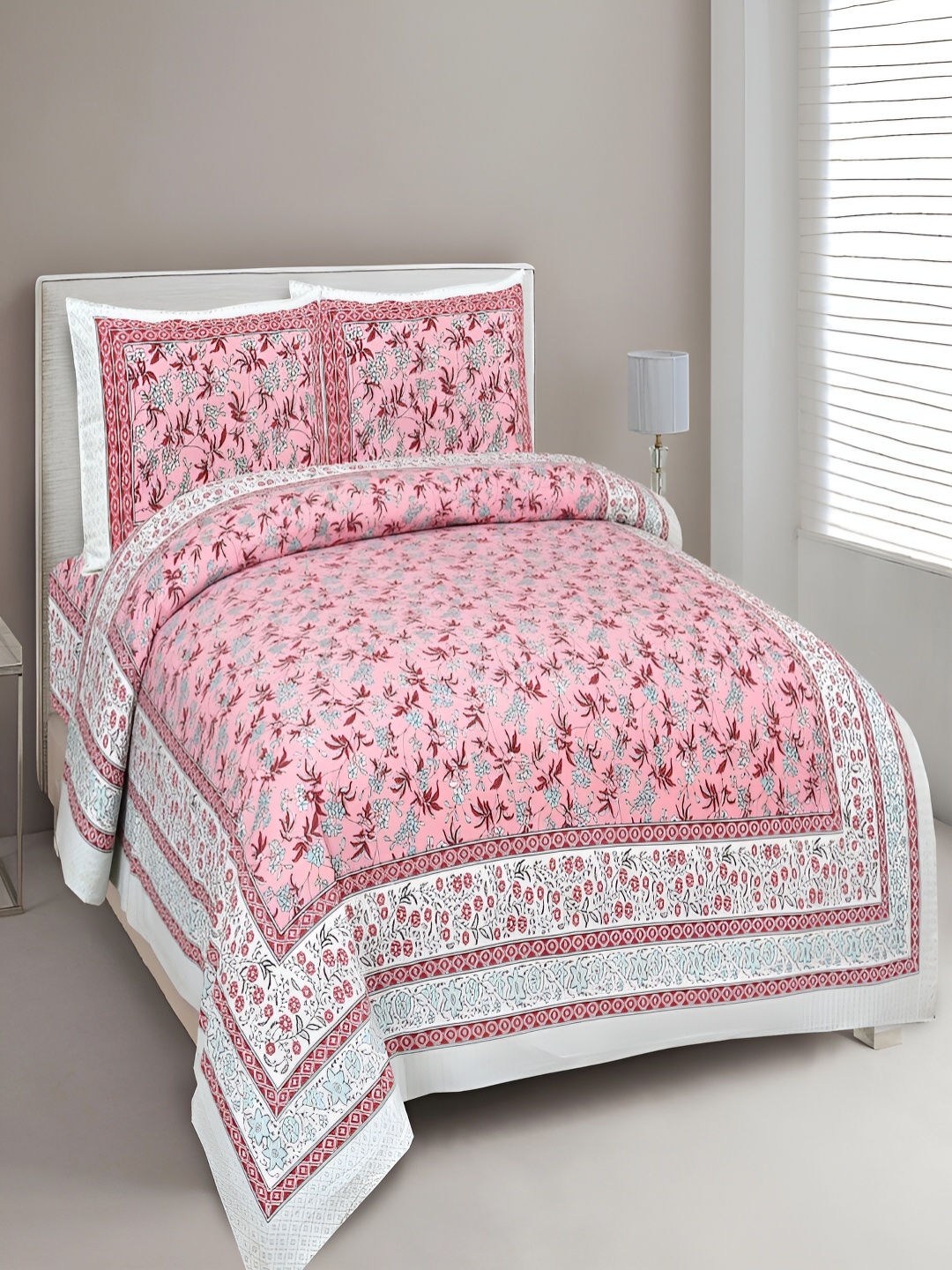 

Aura Pink & Red Ethnic Motifs Cotton 180 TC King Bedsheet with 2 Pillow Covers