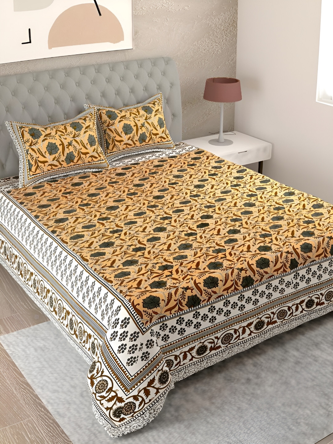 

Aura Peach-Coloured & Grey Ethnic Motifs 180 TC Cotton King Bedsheet With 2 Pillow Covers