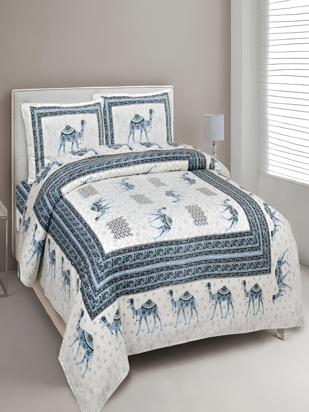 

Aura Blue & White Ethnic Motifs 180 TC King Bedsheet with 2 Pillow Covers