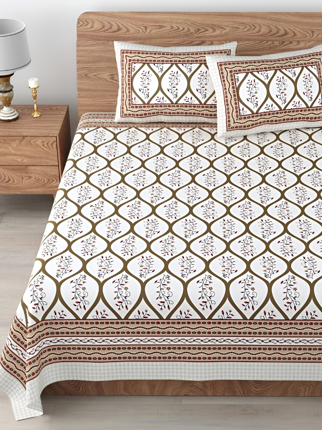 

Aura Beige & White Ethnic Motifs Cotton 180 TC King Bedsheet With 2 Pillow Covers