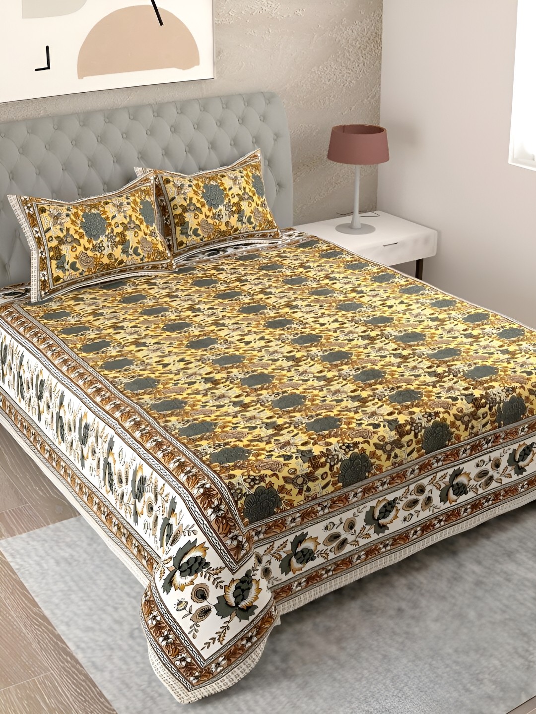 

Aura Beige & Grey Floral Cotton 180 TC King Bedsheet with 2 Pillow Covers
