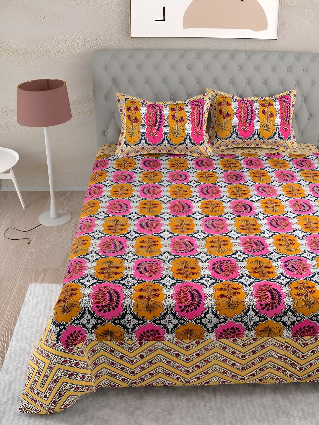 

Aura Yellow & Pink Ethnic Motifs Printed Cotton 180 TC King Bedsheet with 2 Pillow Covers