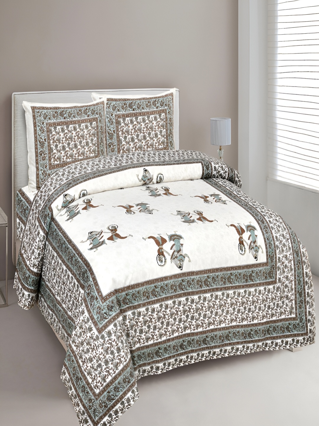 

Aura Turquoise Blue & White Ethnic Motifs 180 TC King Bedsheet with 2 Pillow Covers