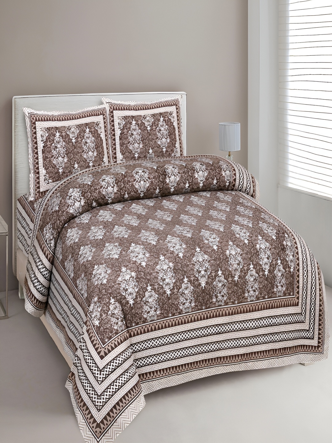

Aura Coffee Brown & White Ethnic Motifs 180 TC King Bedsheet with 2 Pillow Covers