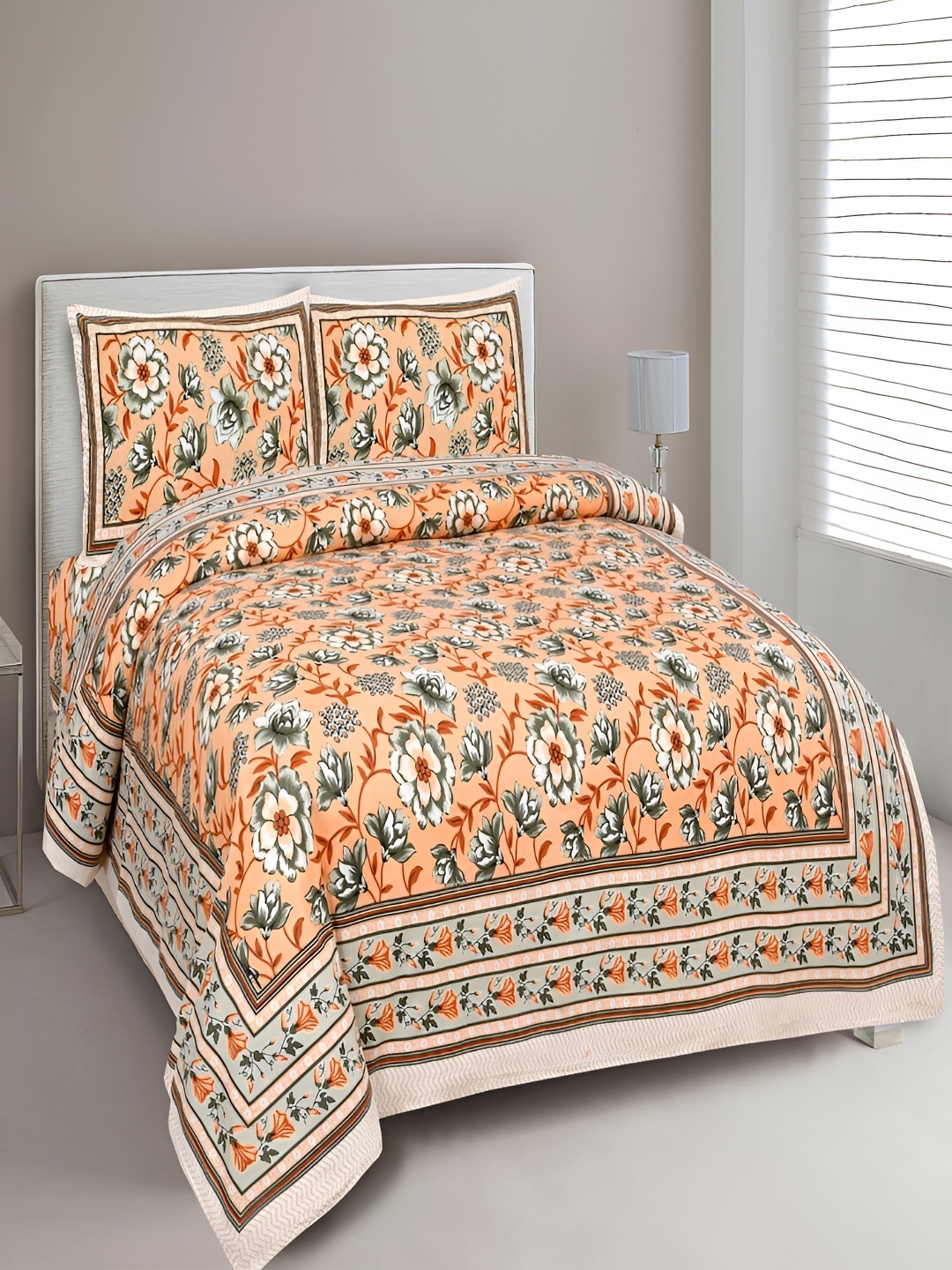 

Aura Orange & Green Floral 180 TC Cotton King Bedsheet With 2 Pillow Covers