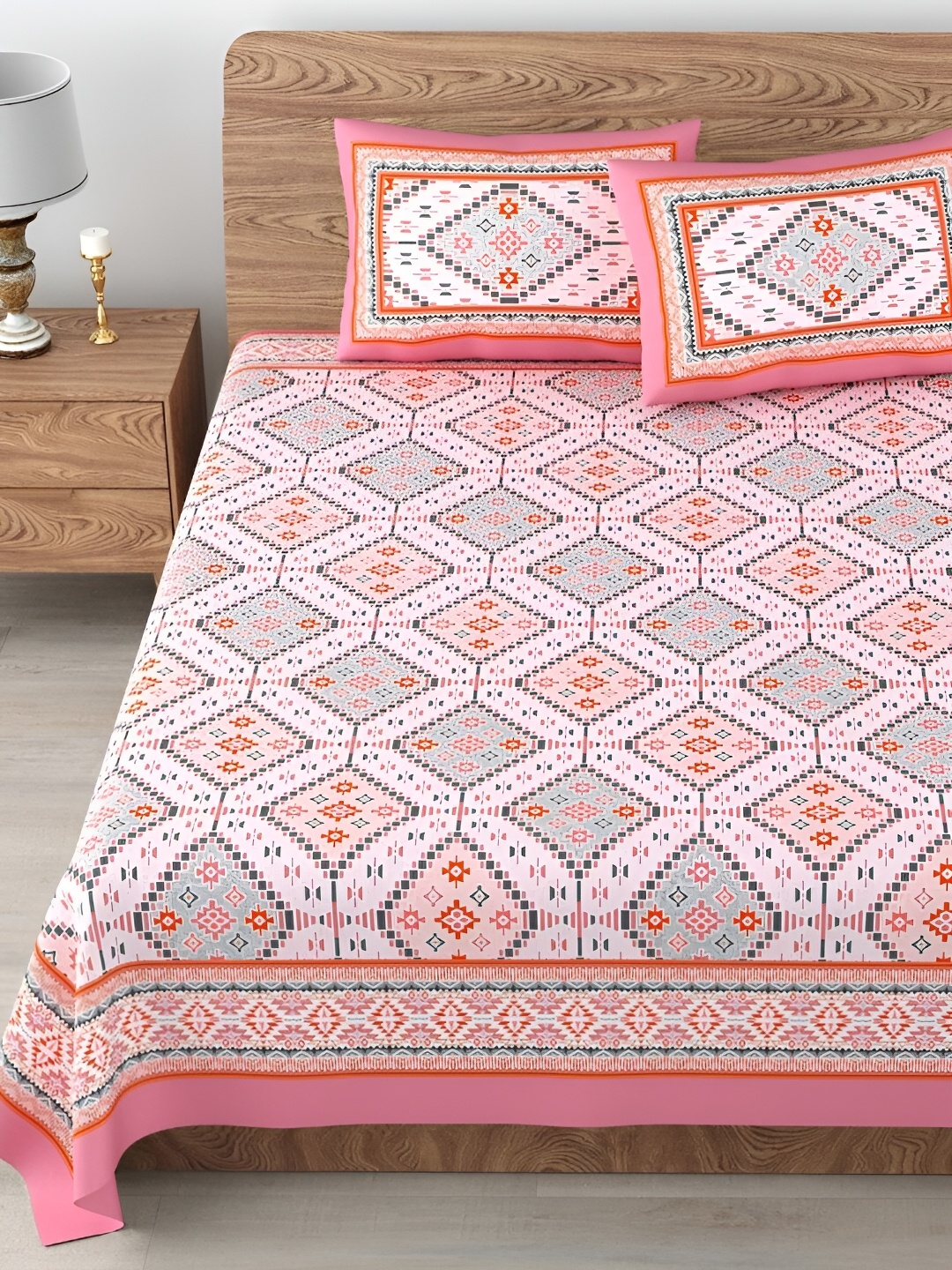 

Aura Pink & Blue Ethnic Motifs 180 TC Cotton King Bedsheet With 2 Pillow Covers