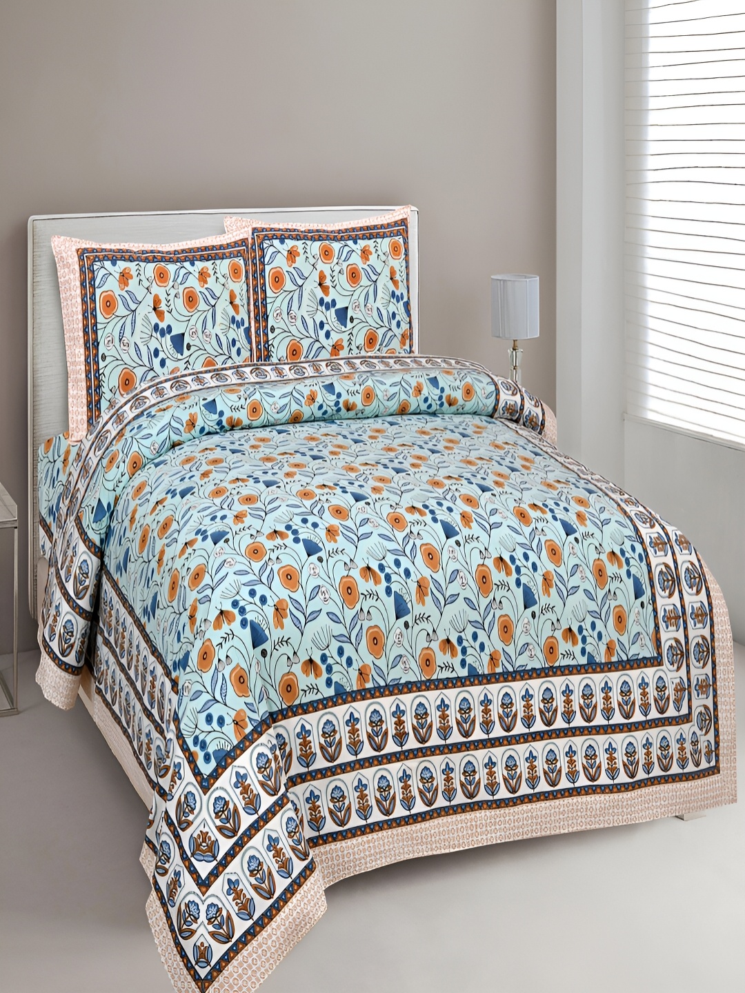 

Aura Turquoise Blue & Orange Floral 180 TC King Bedsheet with 2 Pillow Covers
