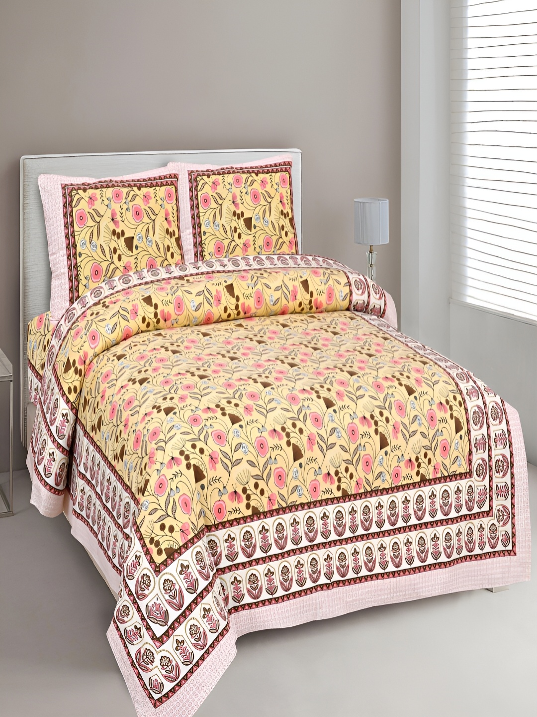 

Aura Yellow & Pink Floral Printed Cotton 180 TC King Bedsheet with 2 Pillow Covers