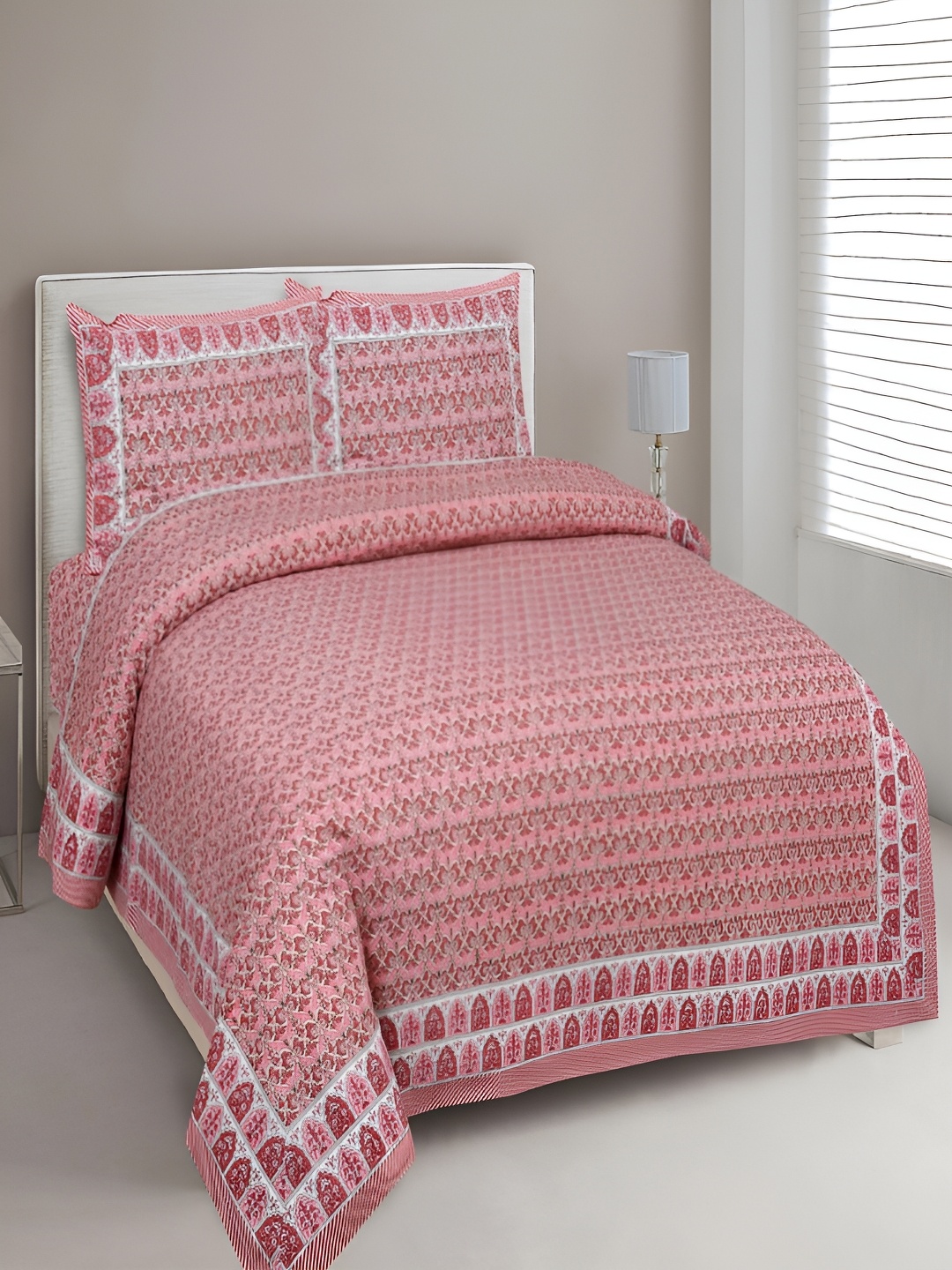 

Aura Pink & White Ethnic Motifs Cotton 180 TC King Bedsheet With 2 Pillow Covers