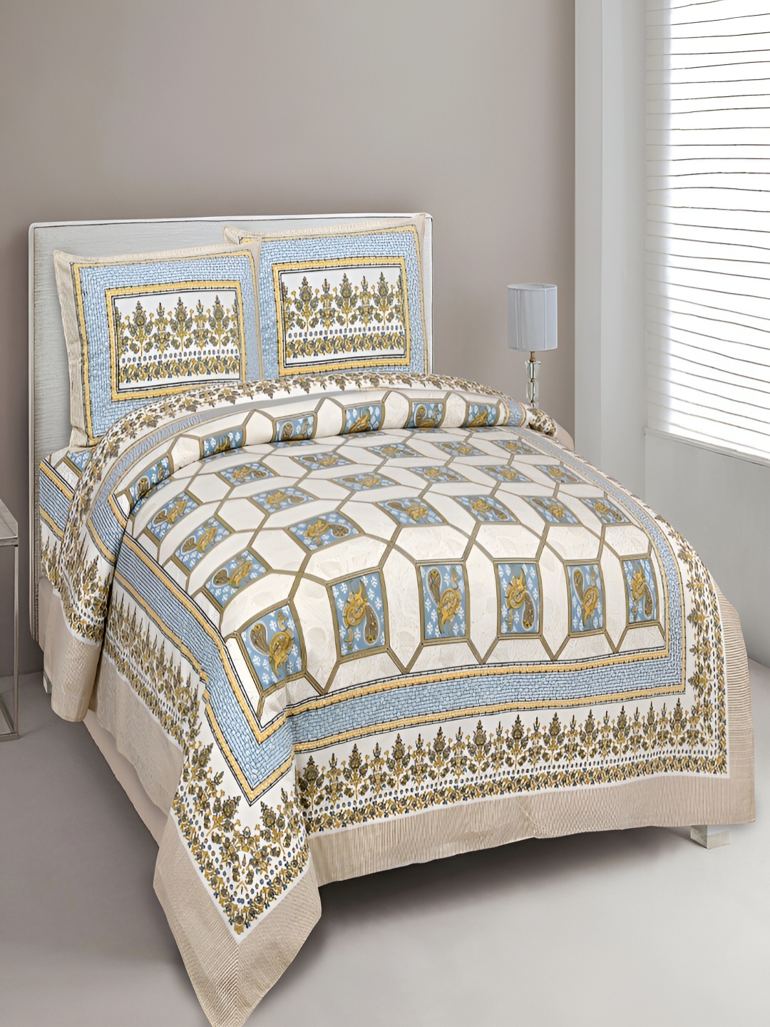 

Aura Yellow & White Ethnic Motifs Cotton 180 TC King Bedsheet With 2 Pillow Covers