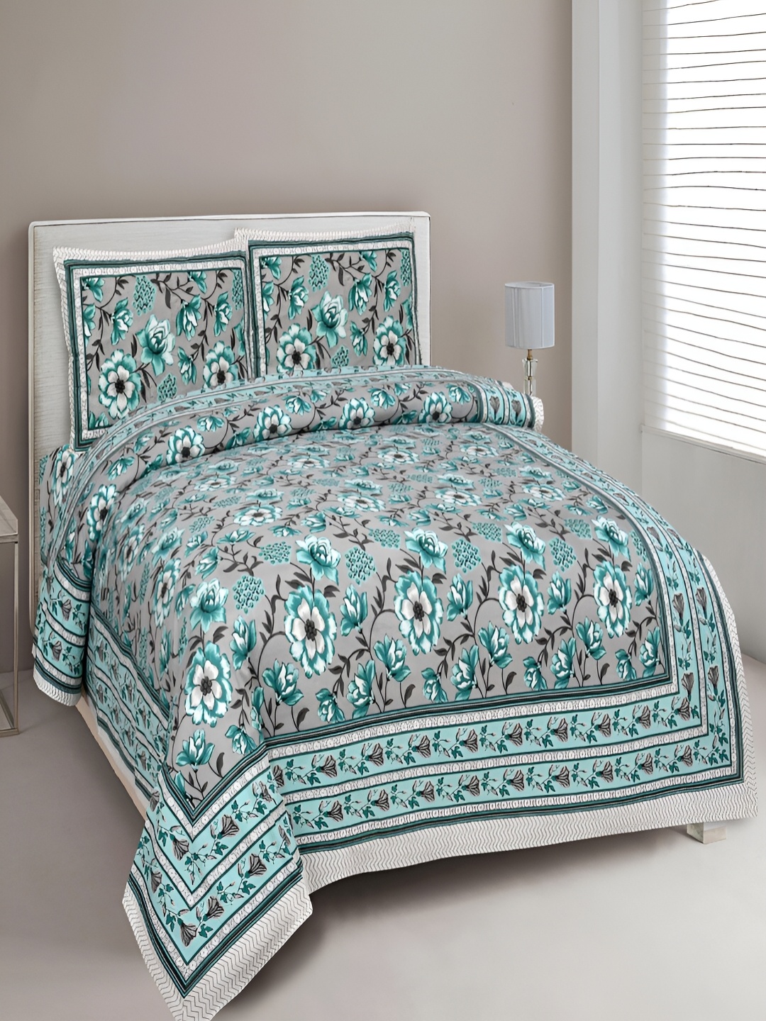 

Aura Turquoise Blue & White Floral 180 TC King Bedsheet with 2 Pillow Covers