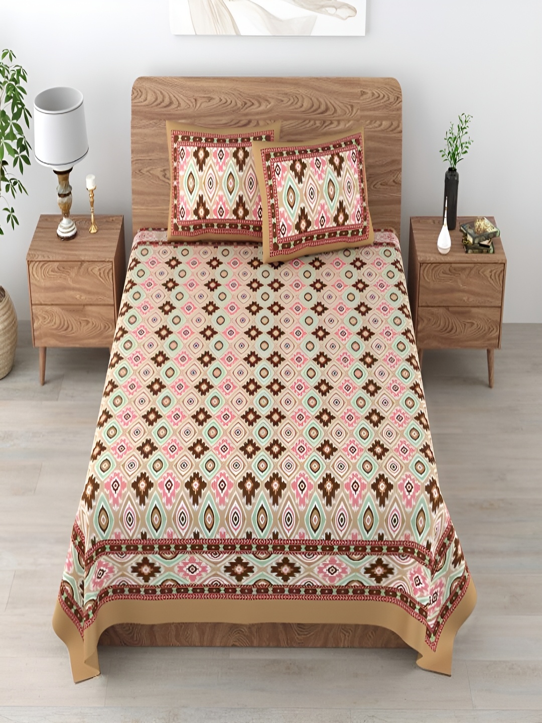 

Aura Brown & Green Ethnic Motifs Cotton 180 TC King Bedsheet With 2 Pillow Covers