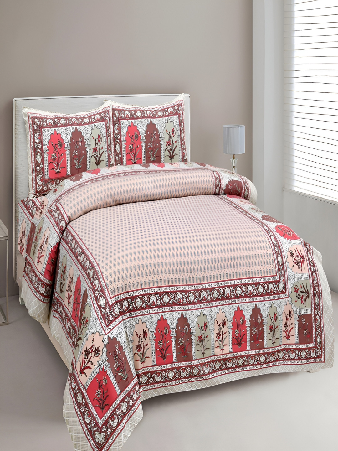 

Aura Beige & Red Floral Cotton 180 TC King Bedsheet with 2 Pillow Covers
