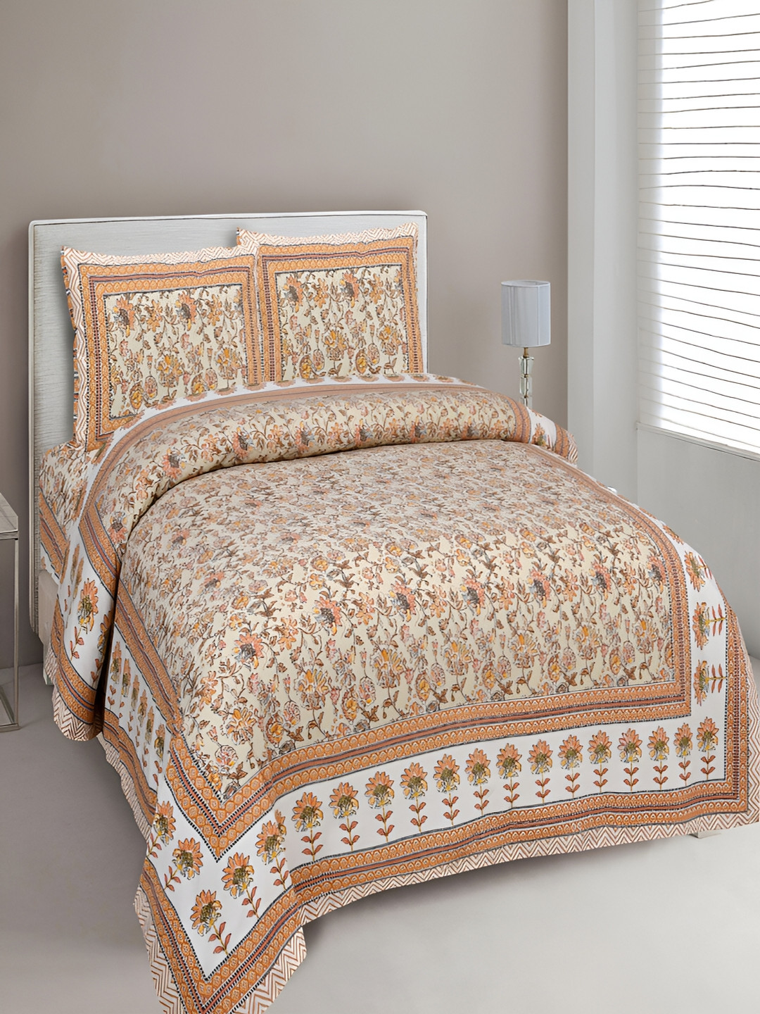 

Aura Orange & Beige Floral 180 TC King Bedsheet with 2 Pillow Covers