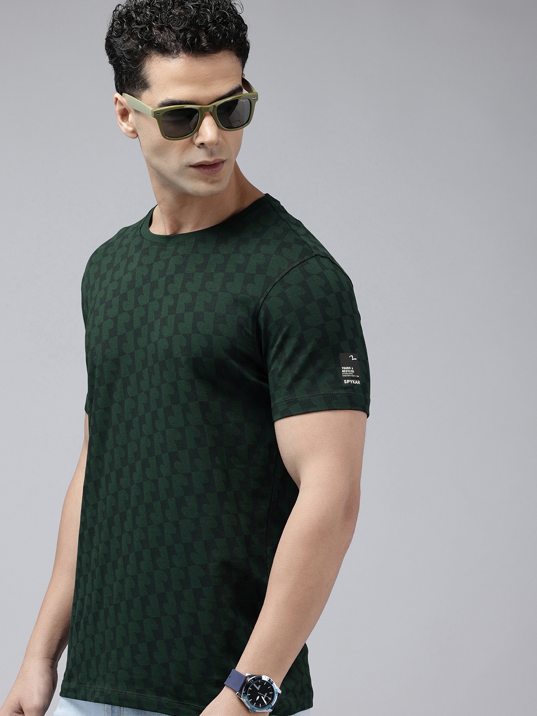 SPYKAR Geometric Printed Slim Fit T-shirt, Green