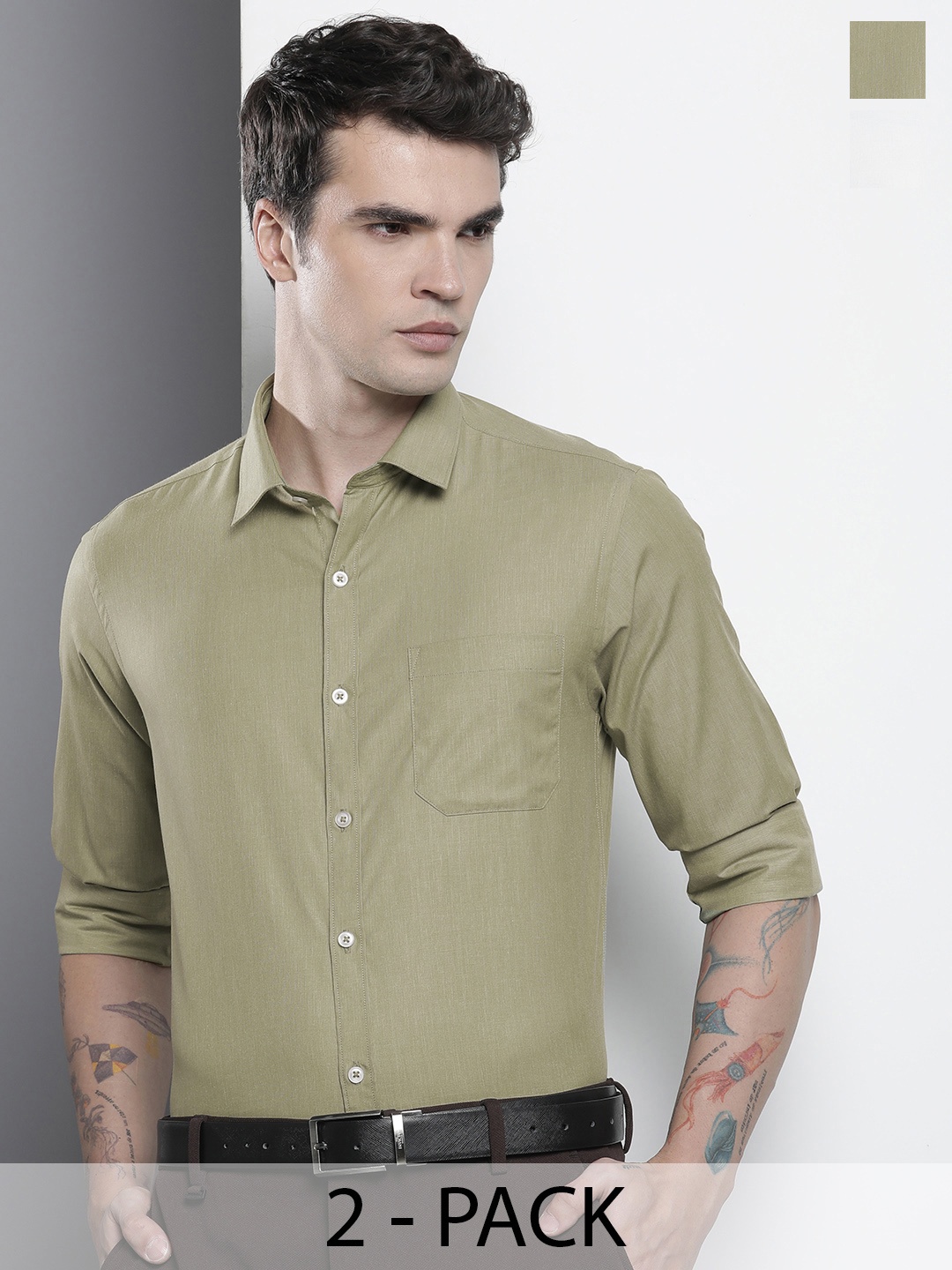 

The Indian Garage Co. X Luxe Pack Of 2 Spread Collar Cotton Shirts, Green