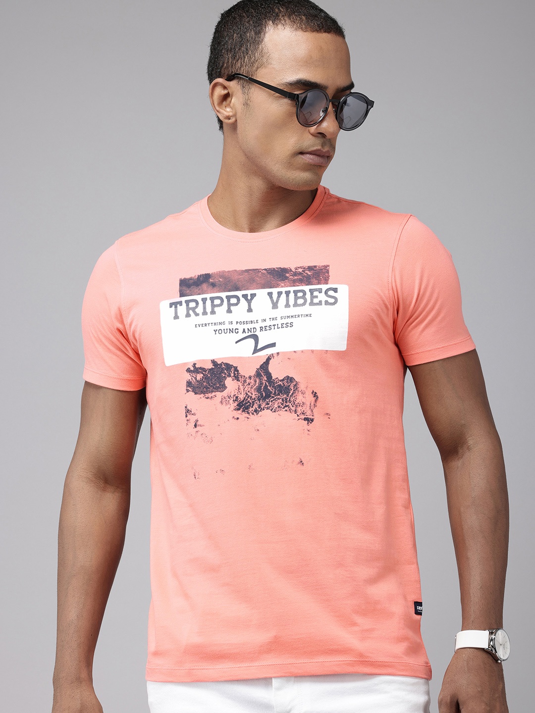 

SPYKAR Pure Cotton Graphic Printed Slim Fit T-shirt, Coral